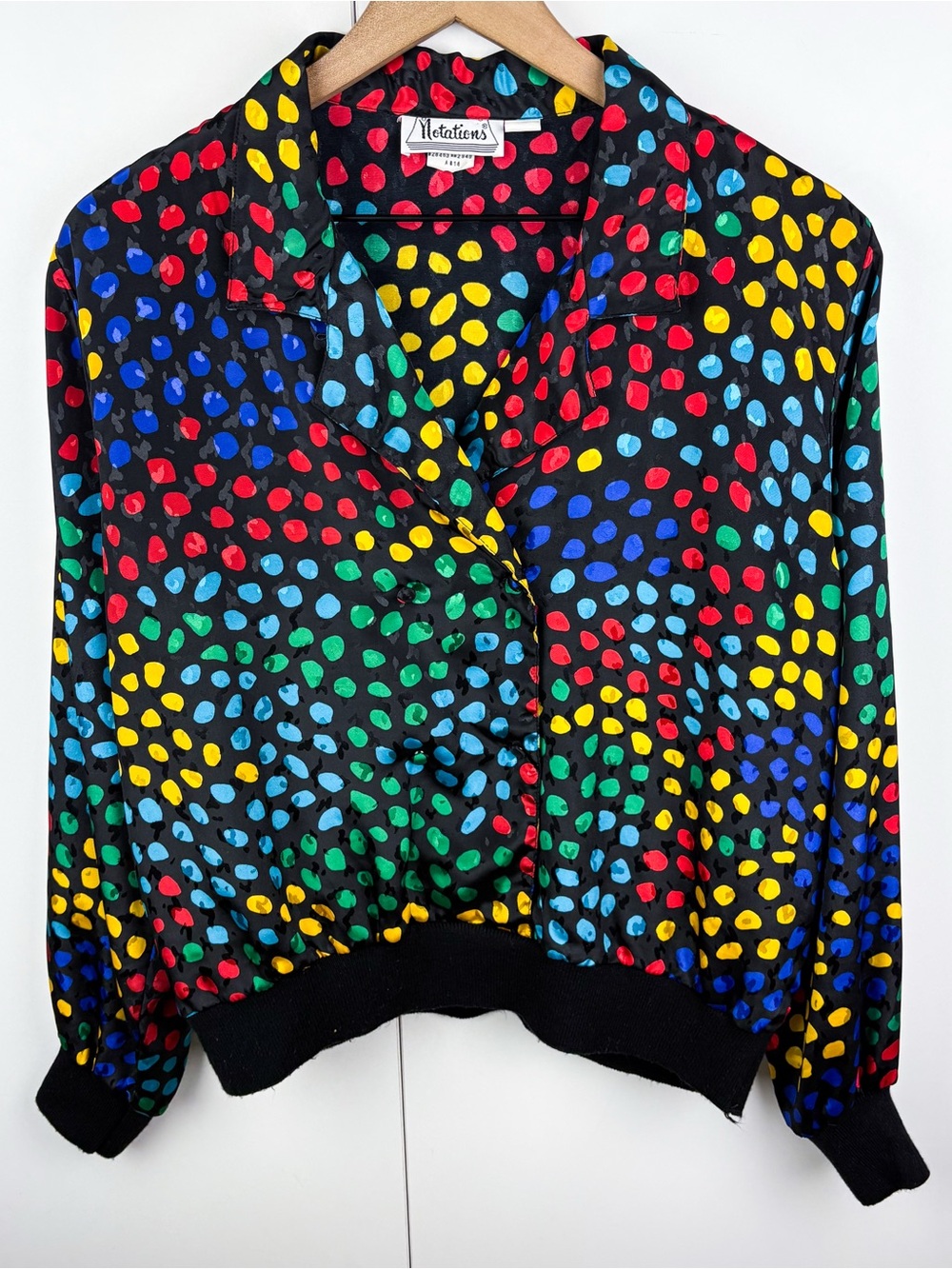 Vintage Rainbow Polka Dot Leopard Black Satin Blouse Top Clown Novelty Clowncore